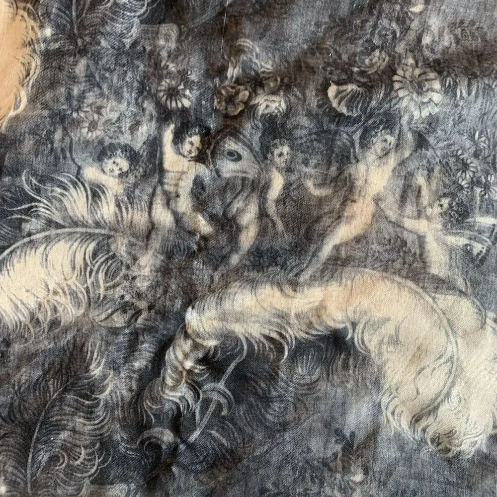Maison Scotch Mythological Cherubs Scarf Wrap Black Beige Art Renaissance Sheer